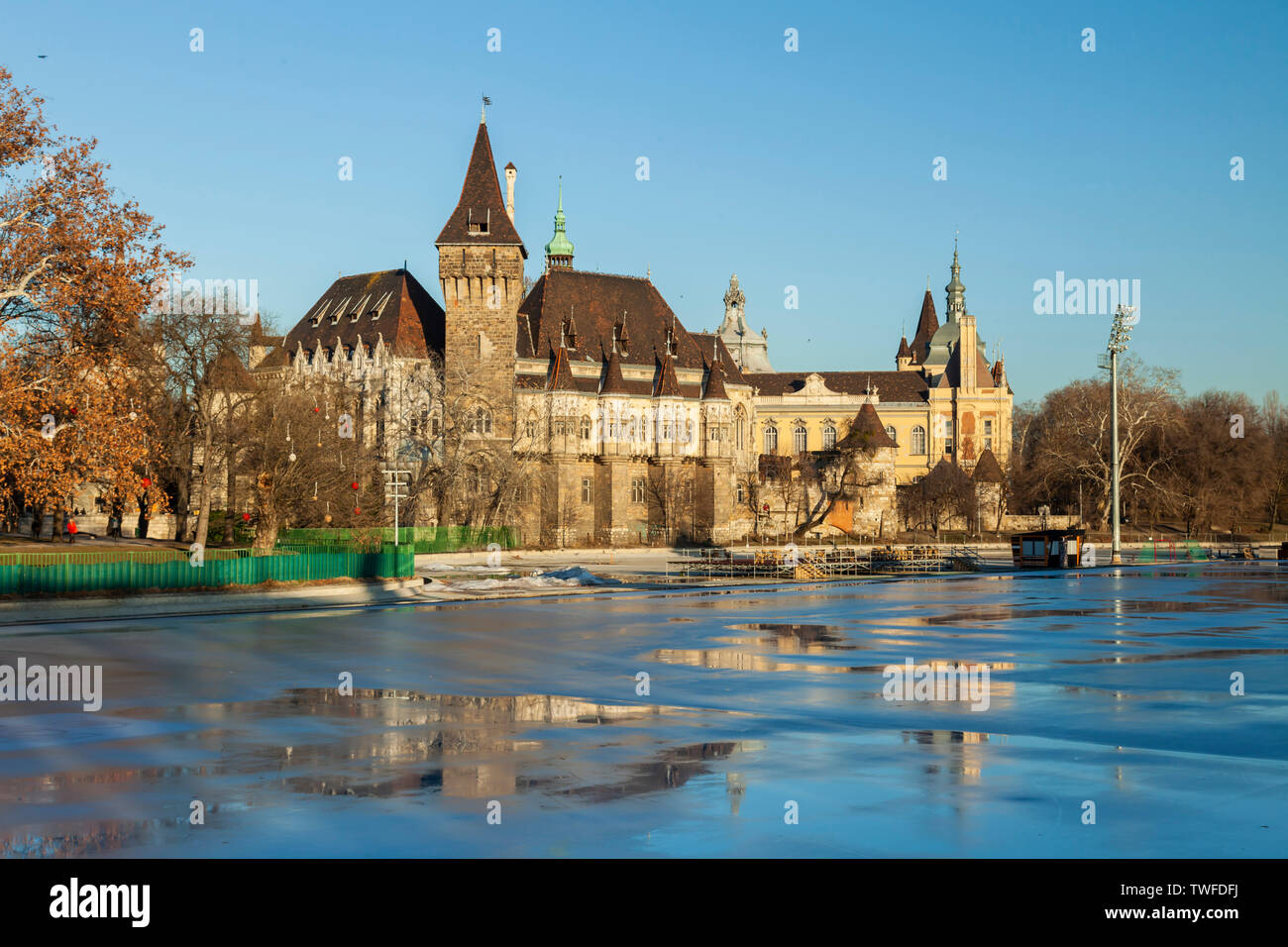 Vajdahunyad Castle and City Ice Rink in Budapest. Stock Photo