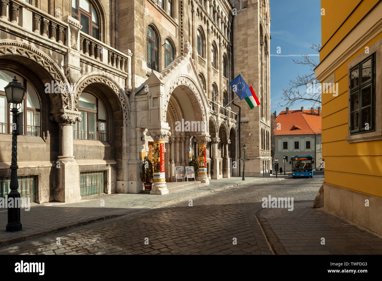 Morning at Hungarian National Archives building in the Castle District of Budapest. Stock Photo