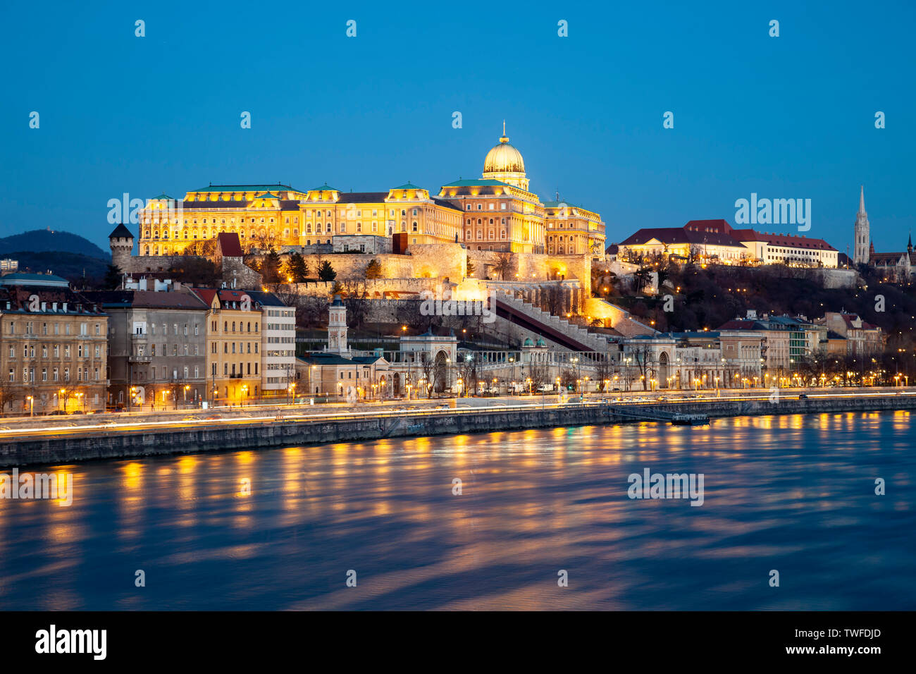 Buda Castle seen across the Danube in Budapest at dawn. Stock Photo