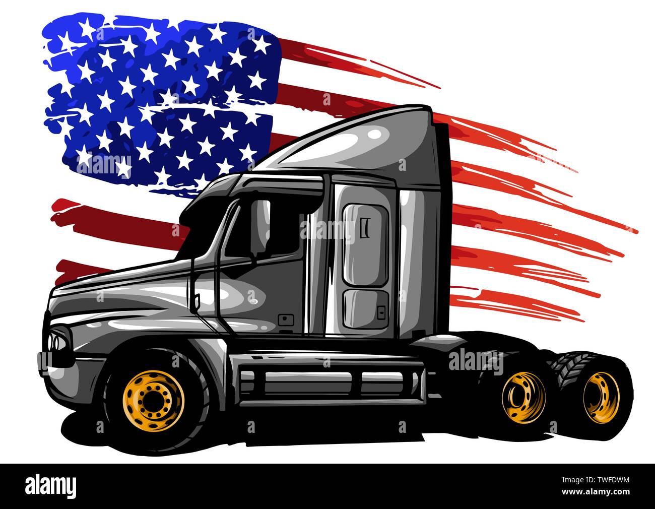 vector graphic design illustration of an American truck with stars and stripes flag Stock Vector