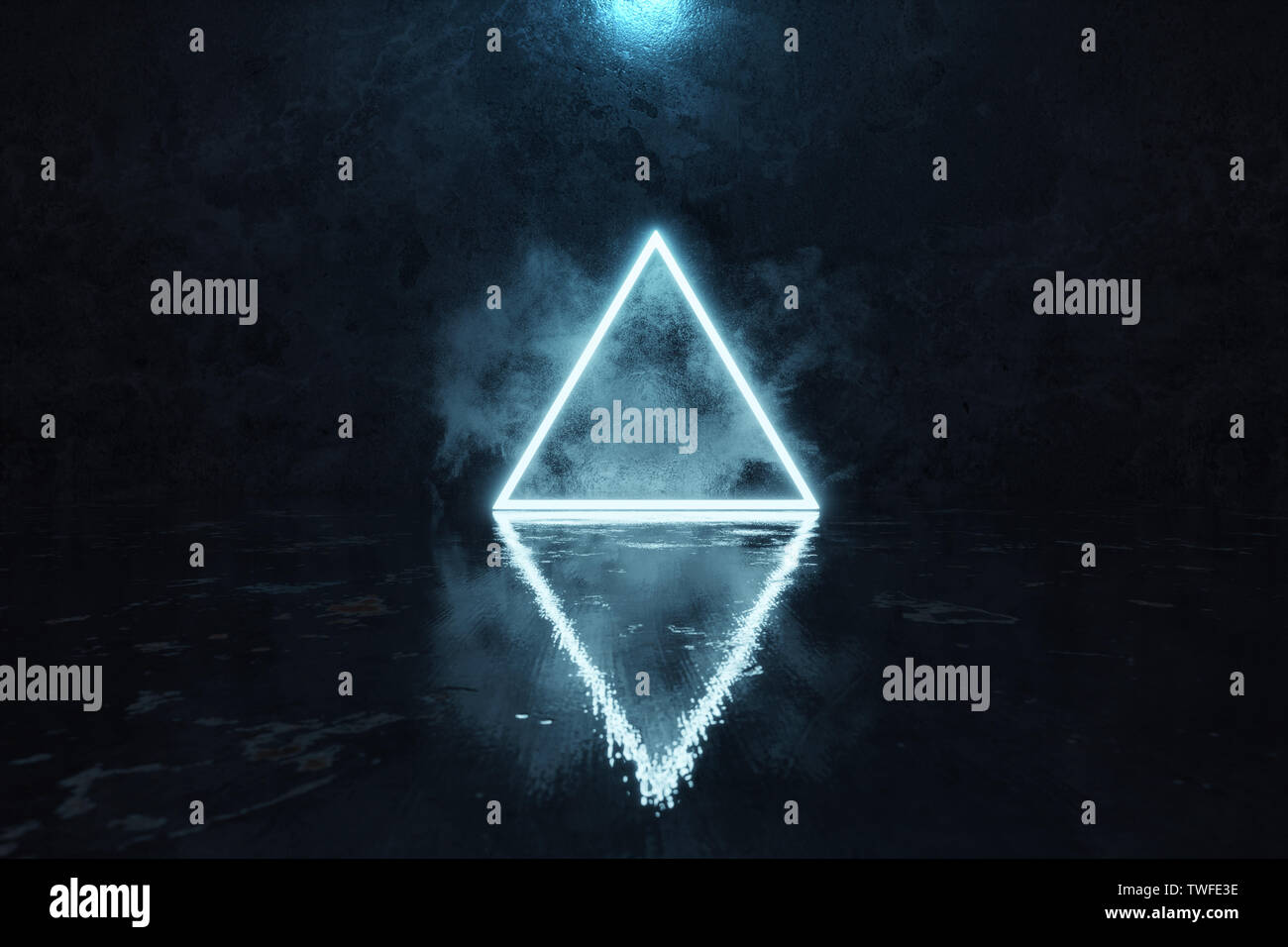 https://c8.alamy.com/comp/TWFE3E/3d-rendering-of-blue-lighten-triangle-shape-with-light-spot-in-front-of-grunge-wall-background-with-wet-glossy-floor-TWFE3E.jpg