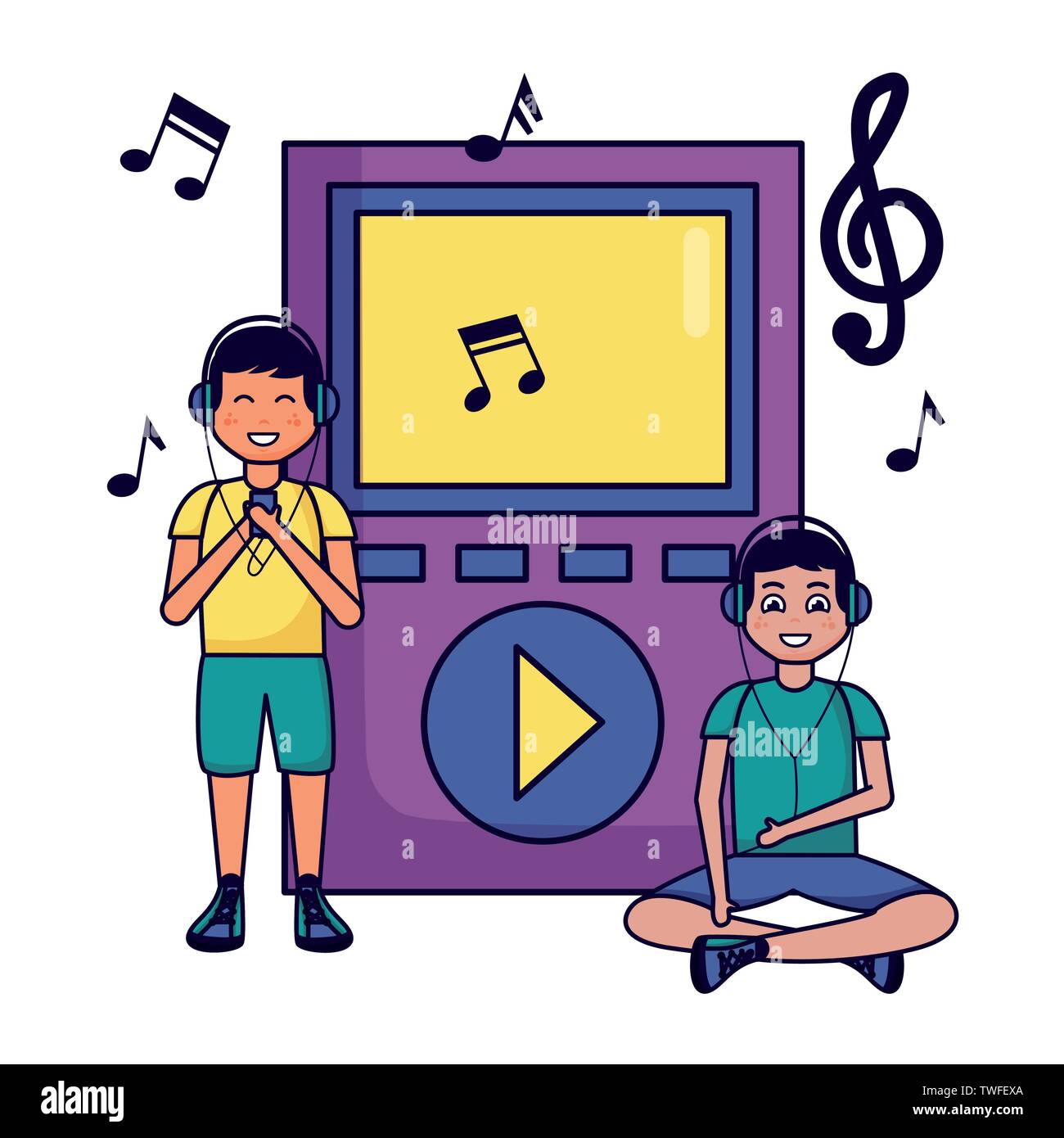 two boys with earphones mp3 musical notes listening music vector illustration Stock Vector Image
