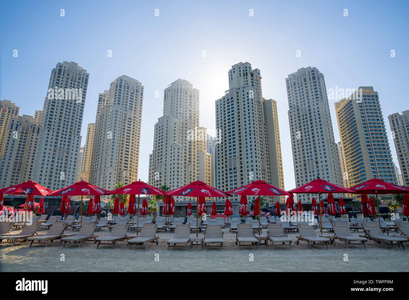 Residential Towers Rise Over Rows Of Beach Chairs At Jumeirah