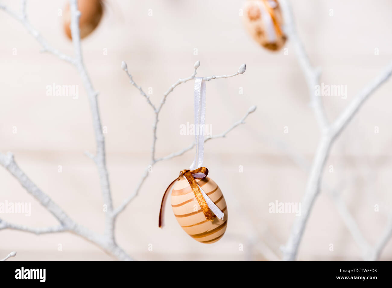 White easter tree decorated with painted chicken eggs and ribbon Stock