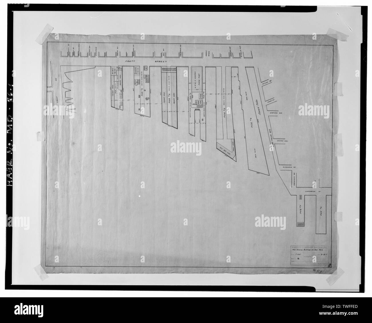 PLAN SHOWING BUILDINGS ON NEW PIERS- 1 in. = 100 ft. (Sept. 19, 1911), Made by RP - Baltimore Inner Harbor, Northwest branch of Patapsco River south of Pratt Street and between Light Street and Jones Falls, Baltimore, Independent City, MD; Hutton, N H; Baltimore Harbor Board; Lackey, Oscar F; City of Baltimore; Christopher Columbus Center Development, Incorporated, sponsor; Bird, Betty, historian; Hoachlander, Anice, photographer Stock Photo