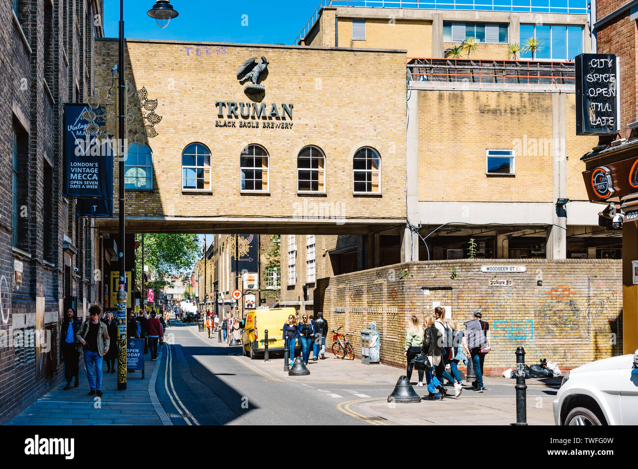 London, UK - May 14, 2019: Scenic view of street in Brick Lane area,  Shoreditch Stock Photo