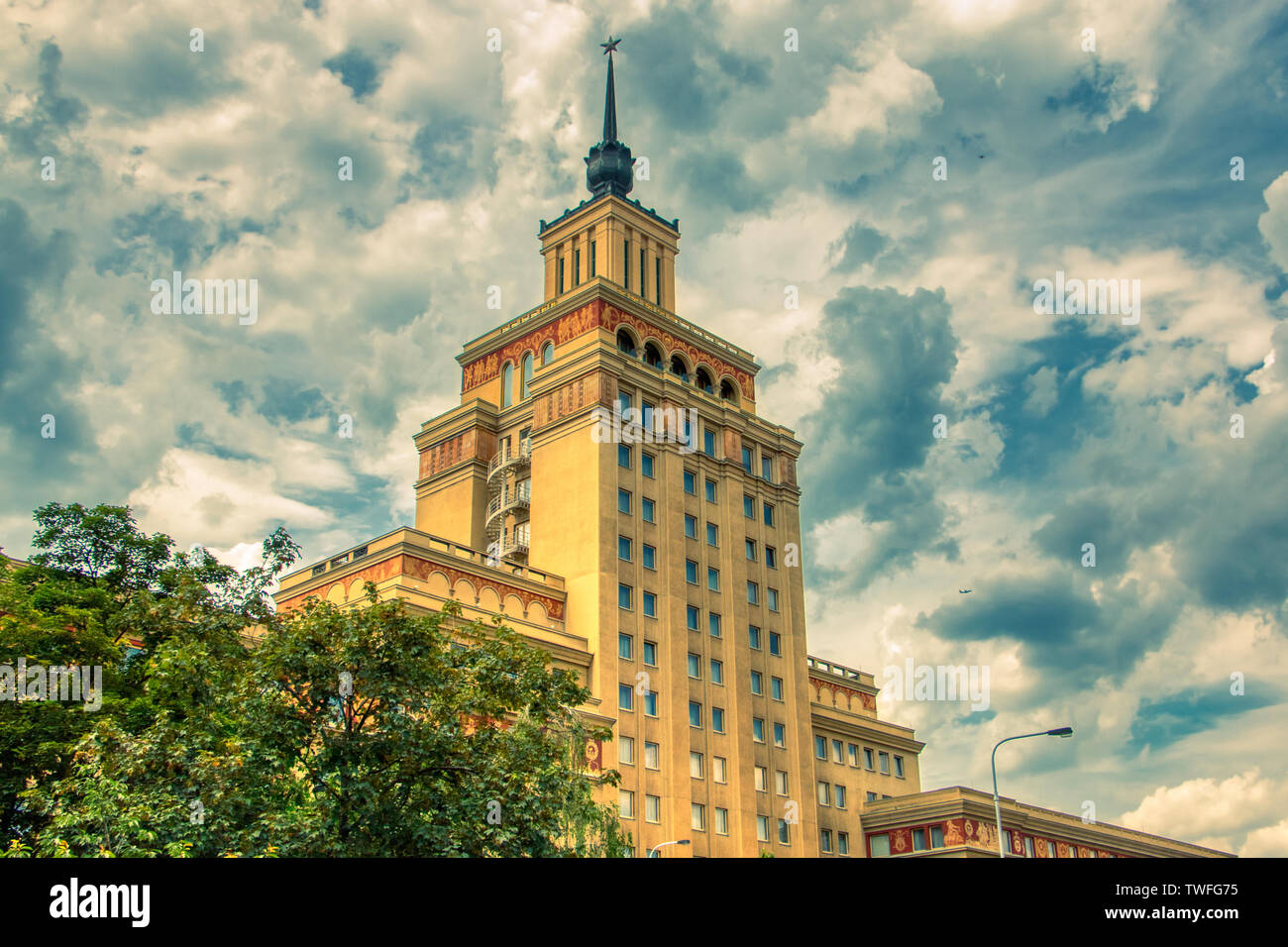 Prague June 20, 2019 - Hotel International Prague under sunny day and clouds with warm light hdr Stock Photo