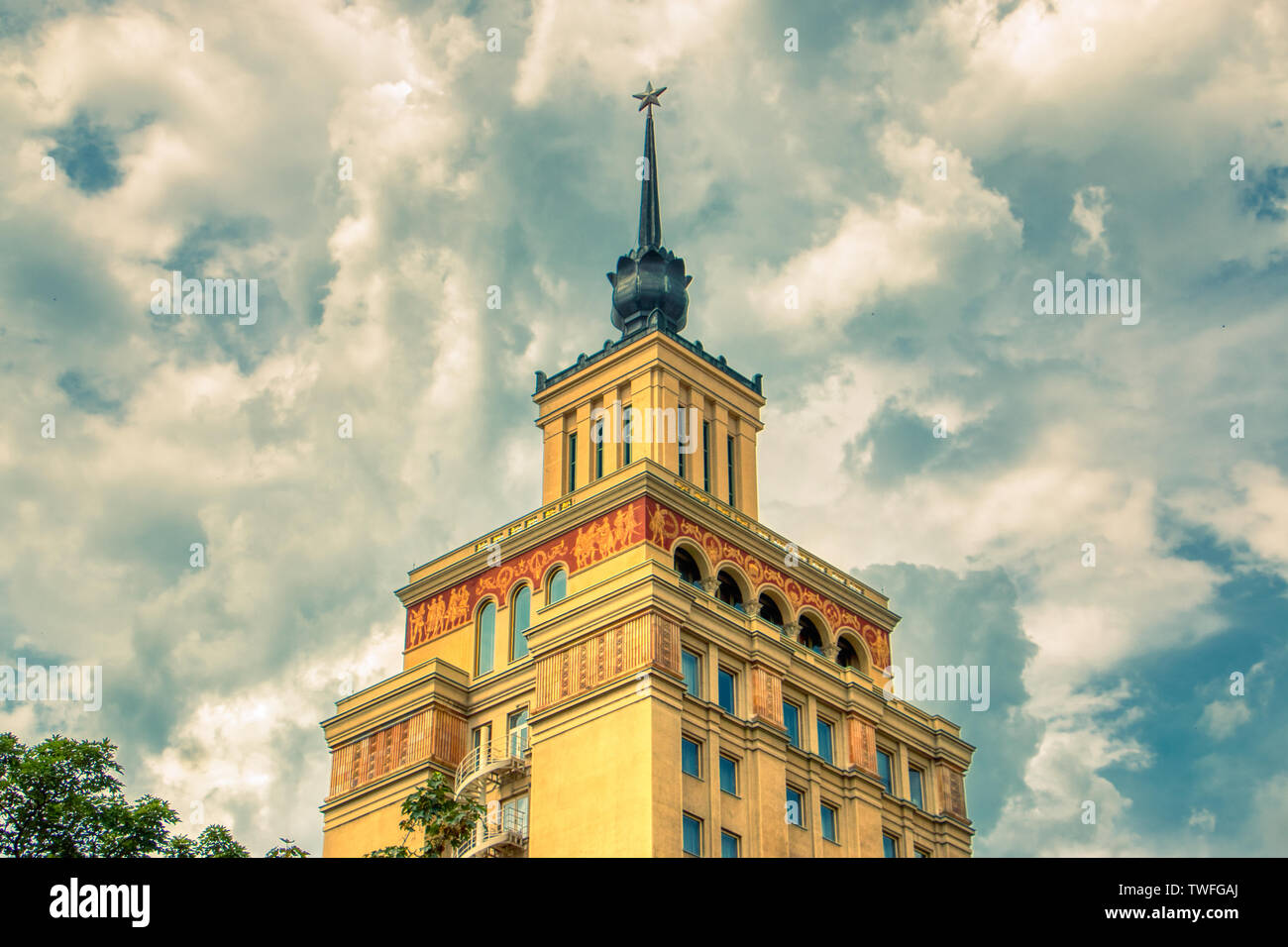 Prague June 20, 2019 - Hotel International Prague under sunny day and clouds with warm light hdr Stock Photo