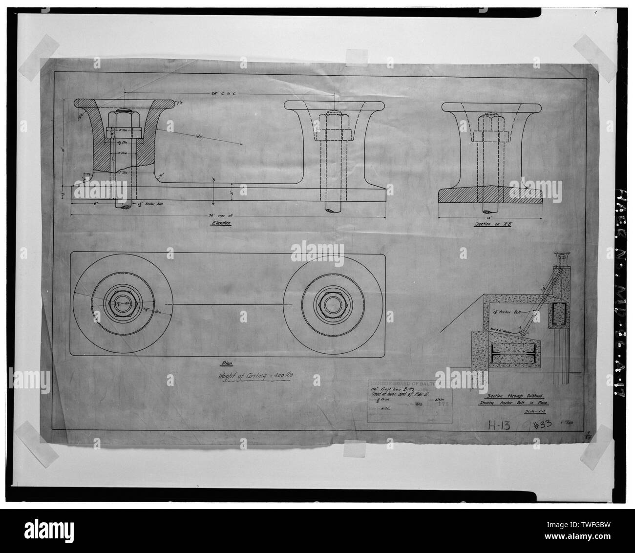 PLANS and SECTIONS- 36 CAST IRON BITS- USED AT LOWER END OF PIER 5, DWG. 208, 1-2 SIZE, DRAWN BY W.B.C., MARCH 4, 1910 - Baltimore Inner Harbor, Pier 5, South of Pratt Street between Market Place and Concord Street, Baltimore, Independent City, MD; Lackey, Oscar F; Baltimore Harbor Board; Whitman, Requardt and Associates; Connolly's Seafood Restaurant; Harrison's Pier 5; City of Baltimore; Christopher Columbus Center Development, Incorporated, sponsor; Hoachlander, Anice, photographer; Bird, Betty, historian; Hoachlander, Anice, photographer Stock Photo