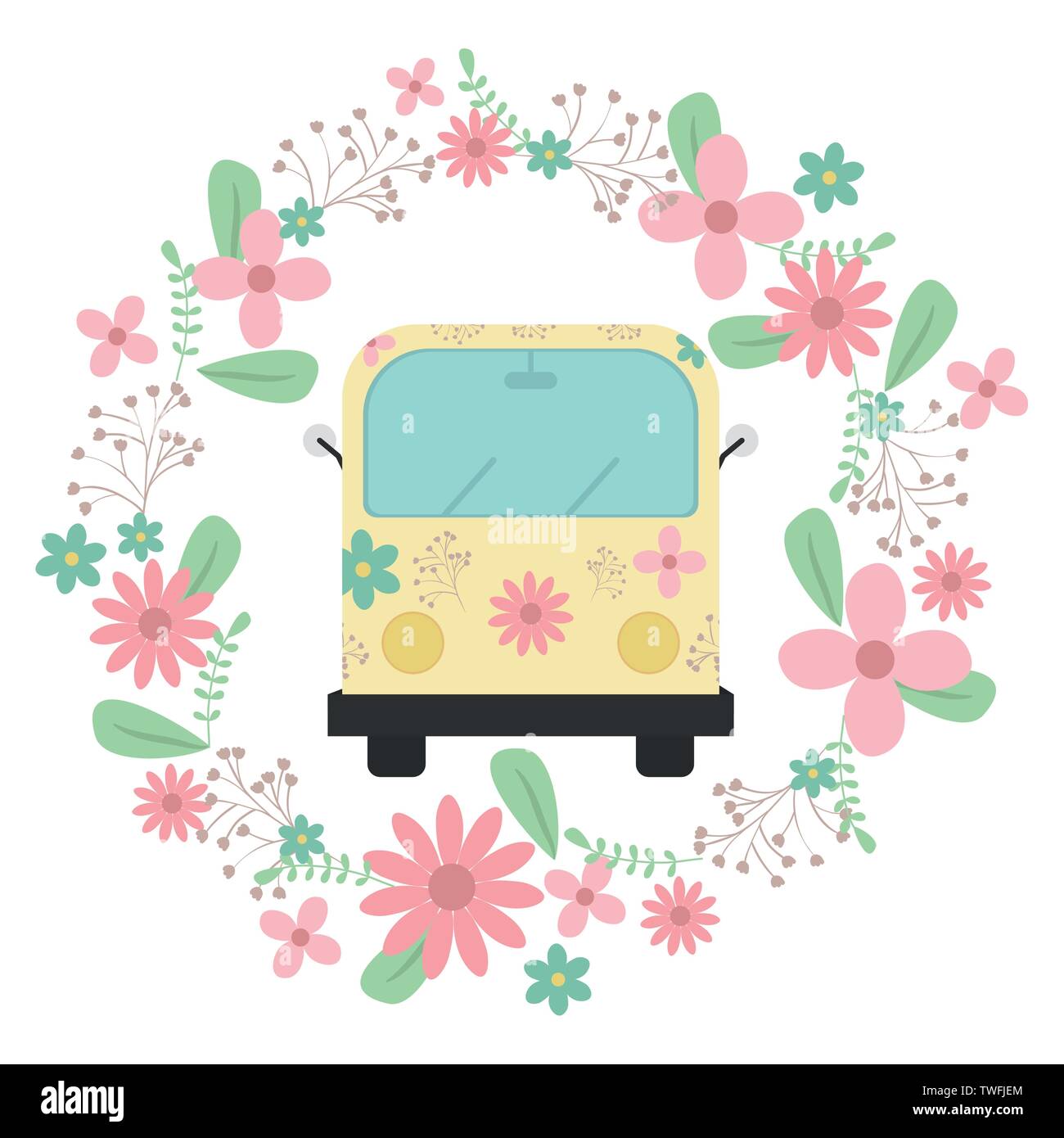 hippie van with floral print and flowers crown vector illustration