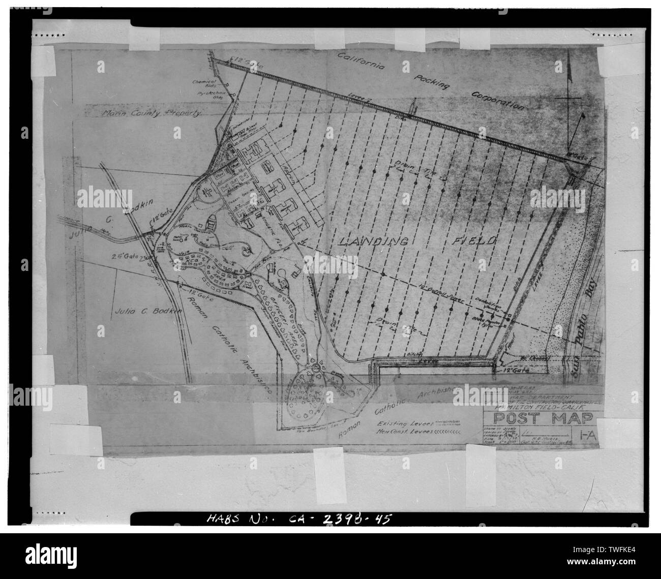 POST MAP. Xerox copy of original sketch map, scale one inch to 800 feet. Sheet 1-A, dated 3-12-32 - Hamilton Field, East of Nave Drive, Novato, Marin County, CA Stock Photo