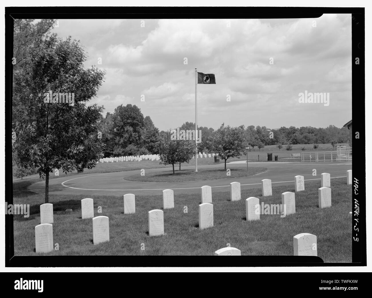 POW-MIA FLAGPOLE. VIEW TO EAST. - Mill Springs National Cemetery, 9044 West Highway 80, Nancy, Pulaski County, KY; U.S. Department of Veterans Affairs Stock Photo