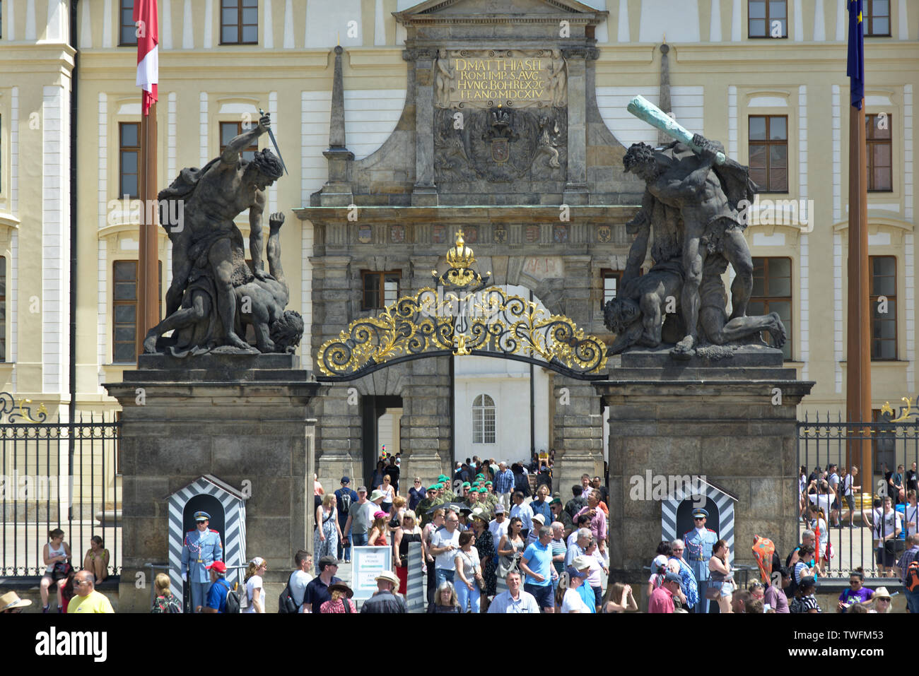 View of entry gate and first courtyard with Matthias Gate at Prague Castle, Prague, Czech Republic Stock Photo
