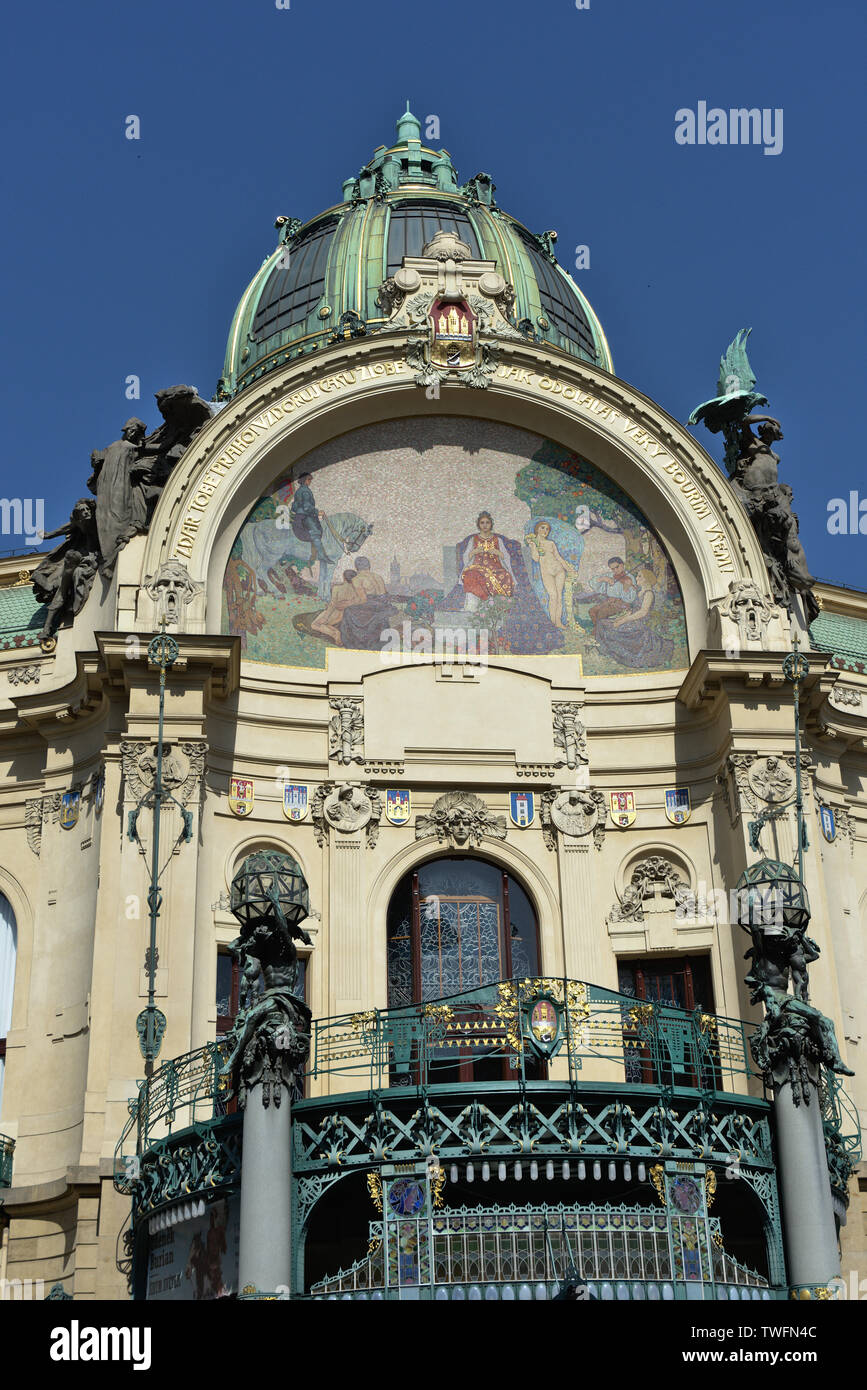 Detailed view on facade of the Municipal House (Obecní dům) in Prague, Czech Republic Stock Photo