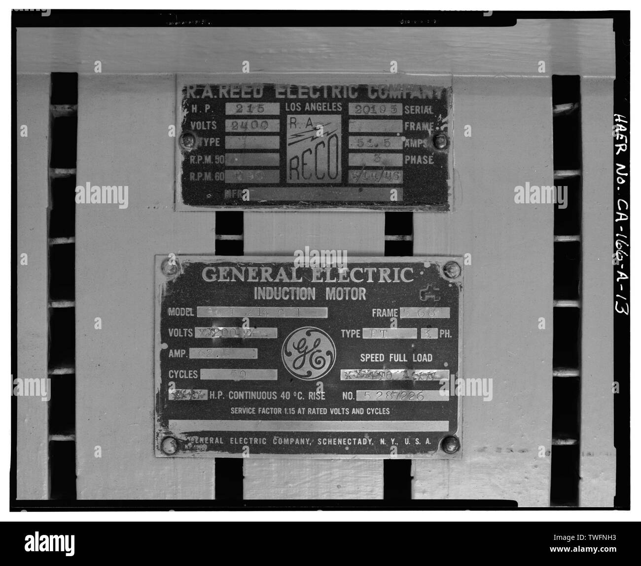 POWERHOUSE INTERIOR, DETAIL OF EXCITER No. 2 GENERAL ELECTRIC INDUCTION MOTOR NAMEPLATE. VIEW TO EAST. - Rush Creek Hydroelectric System, Powerhouse Exciters, Rush Creek, June Lake, Mono County, CA Stock Photo