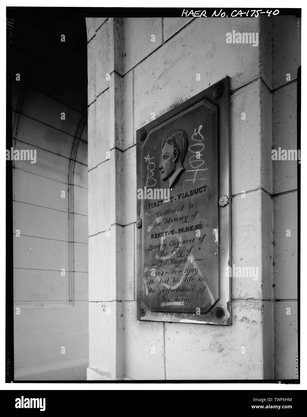 PYLON PLAQUE DETAIL VIEW, FACING NORTHWEST. - First Street Bridge, Spanning Los Angeles River at First Street, Los Angeles, Los Angeles County, CA Stock Photo