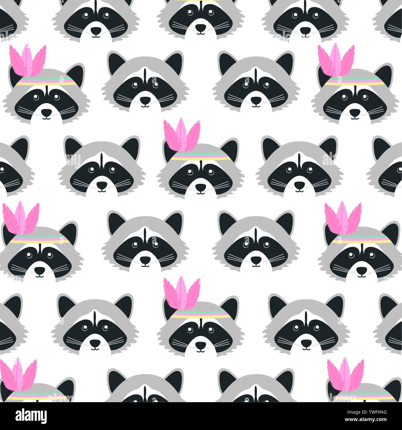 cute raccoons with feathers hats woodland pattern vector illustration ...