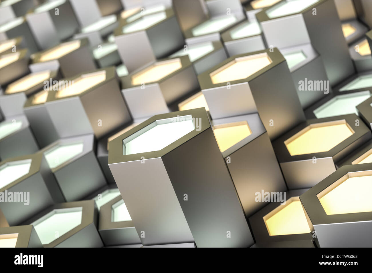Golden hexagonal metallic background, three-dimensional rendering Stock Photo