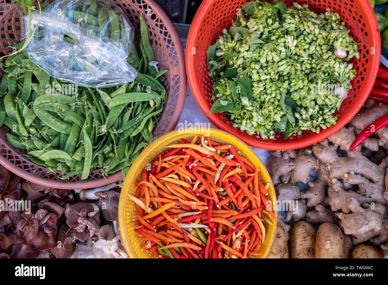 Overhead view of fresh vegetables in a market, Thailand Stock Photo