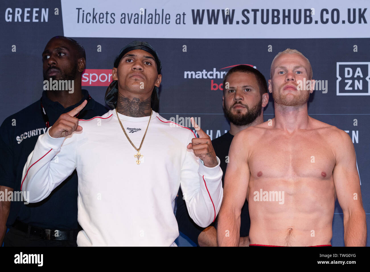London, UK. 20th Jun, 2019.   during Matchroomboxing presents Conor Benn vs Jussi Koivula - WBA Continental Welterweight Championship - Weigh-in at Stratford Circus Arts Centre on Thursday, June 20, 2019 in LONDON UNITED KINGDOM.  (Editorial use only, license required for commercial use. No use in betting, games or a single club/league/player publications.) Credit: Taka G Wu/Alamy Live News Stock Photo