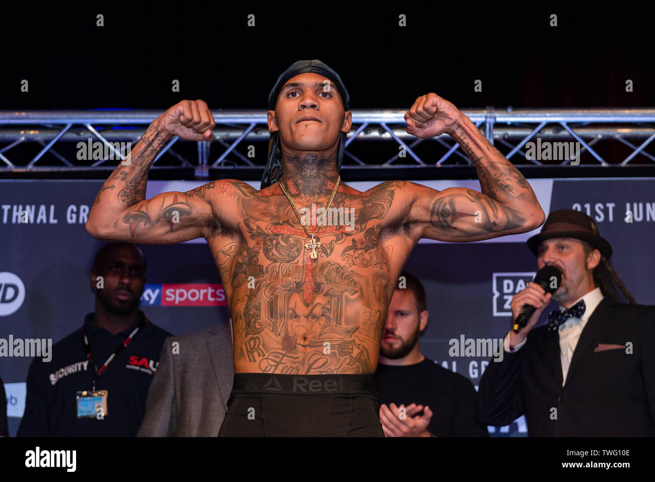 London, UK. 20th Jun, 2019.   during Matchroomboxing presents Conor Benn vs Jussi Koivula - WBA Continental Welterweight Championship - Weigh-in at Stratford Circus Arts Centre on Thursday, June 20, 2019 in LONDON UNITED KINGDOM.  (Editorial use only, license required for commercial use. No use in betting, games or a single club/league/player publications.) Credit: Taka G Wu/Alamy Live News Stock Photo