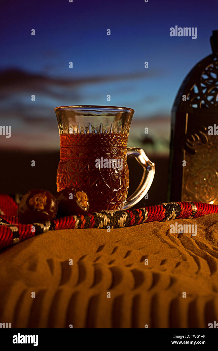 Arabian Desert Night Sand Dubes Tea Dates Tent Silhouette Series 2 Stock Photo