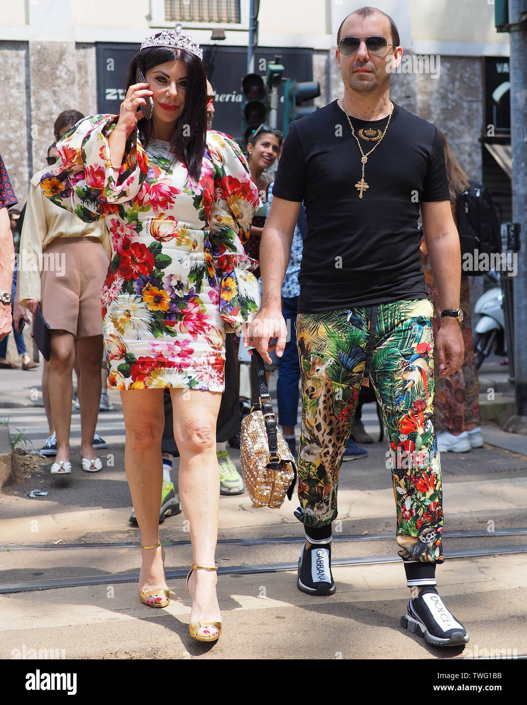MILANO, Italy: 15 June 2019: Fashionable couple street style outfits before  Dolce & Gabbana fashion show during Milano Fashion Week man 2019/2020 Stock  Photo - Alamy