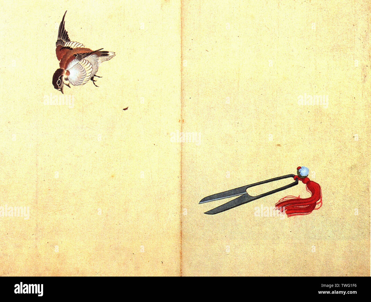 Hokusai - Pair Sissors Sparrow Stock Photo
