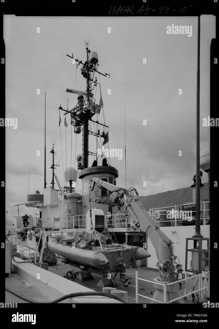 Port side - rib boat, davit, stack, and mast - USS SHACKLE, ARS 9, Ketchikan, Ketchikan Gateway Borough, AK Stock Photo