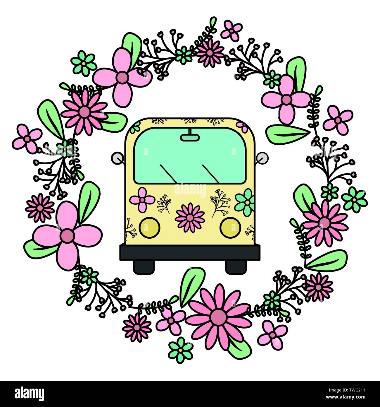 hippie van with floral print and flowers crown vector illustration