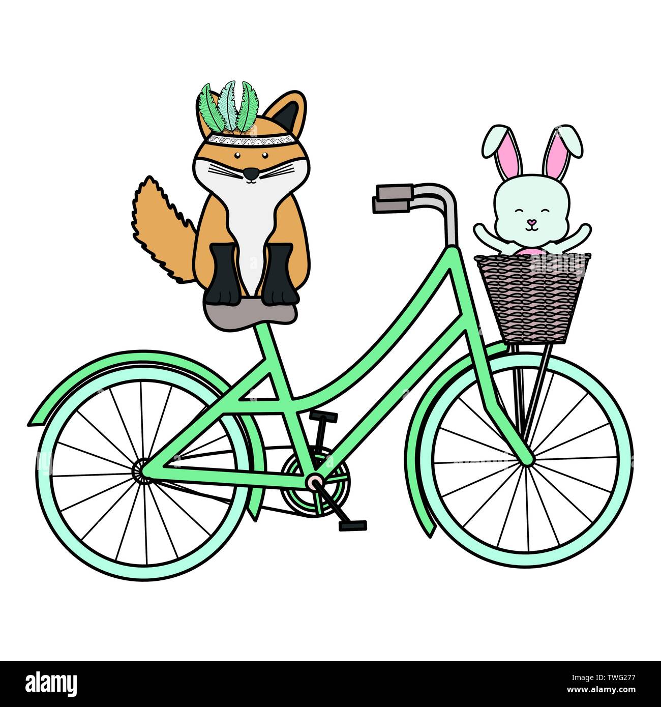 cute fox and rabbit with feathers hat in bicycle bohemian style vector ...