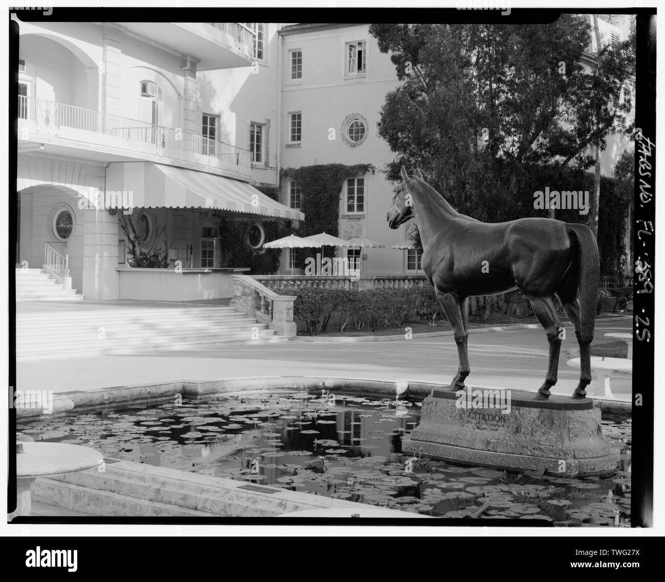 Portion of west facade of clubhouse. Citation statue to right of frame- CD-SE. - Hialeah Park Race Track, East Fourth Avenue, Hialeah, Miami-Dade County, FL Stock Photo