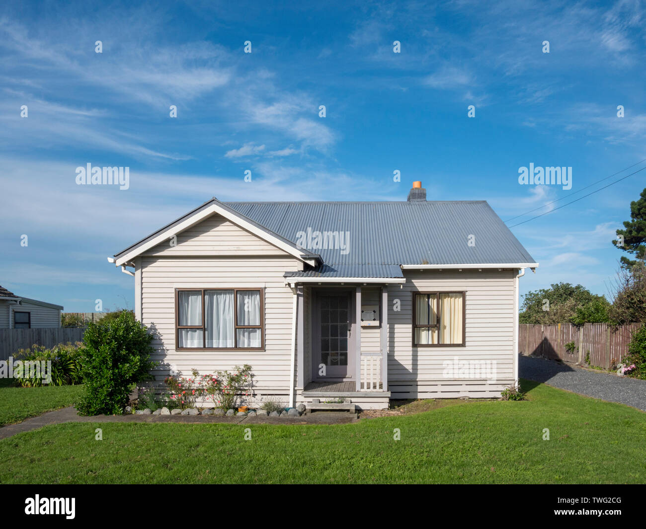 A wood clad or clapperboard house in Kaikoura New Zealand Stock Photo