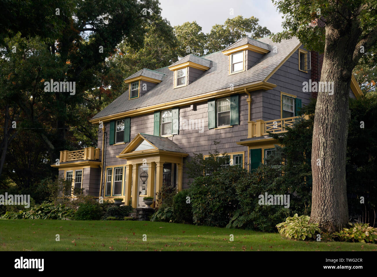 View of a Traditional Wood Shingle clad House in  Newton Stock Photo