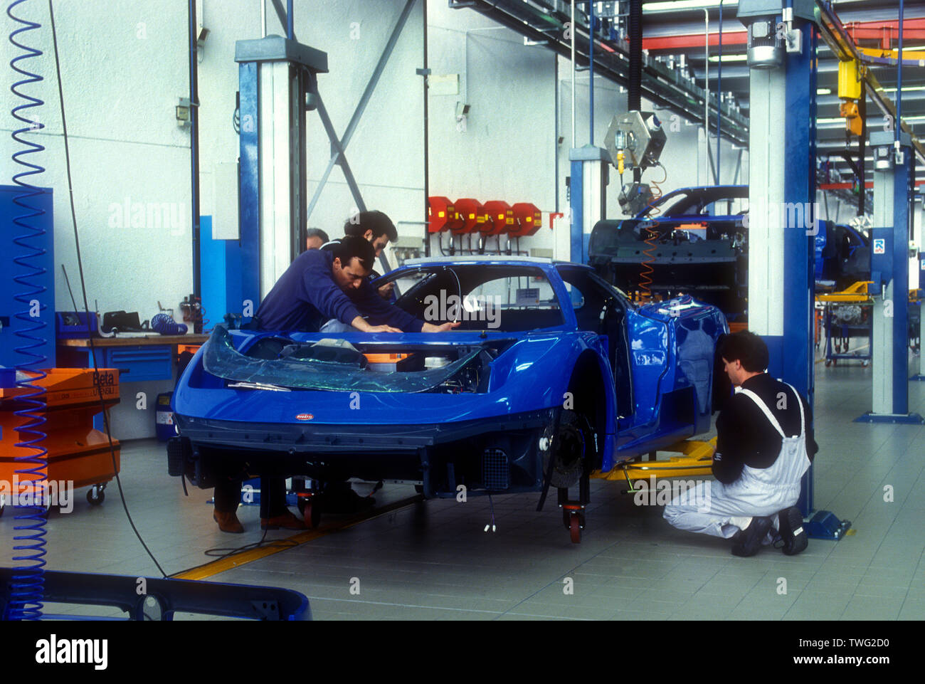 Bugatti factory near Modena Italy in 1991. EB110 production line. Stock Photo