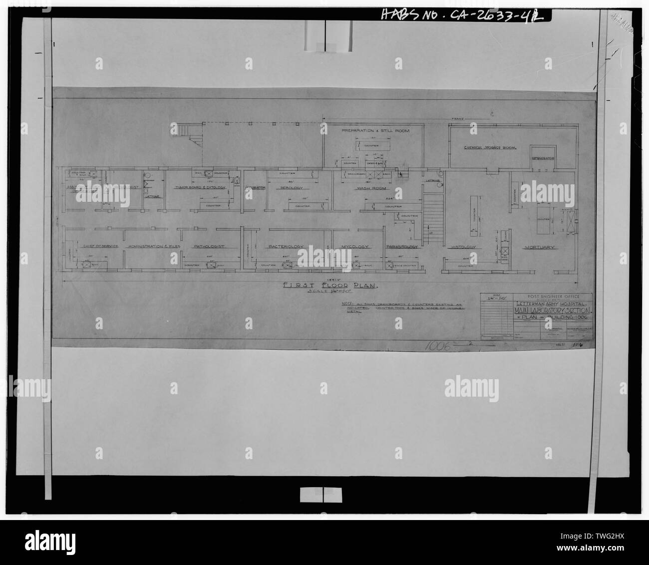 Post Engineer Office, Presidio of San Francisco, Letterman Army Hospital,  First Floor Plan, Main Laboratory Section and Plan, Building 1006. no date  BUILDING 1006. - Presidio of San Francisco, Letterman General Hospital,
