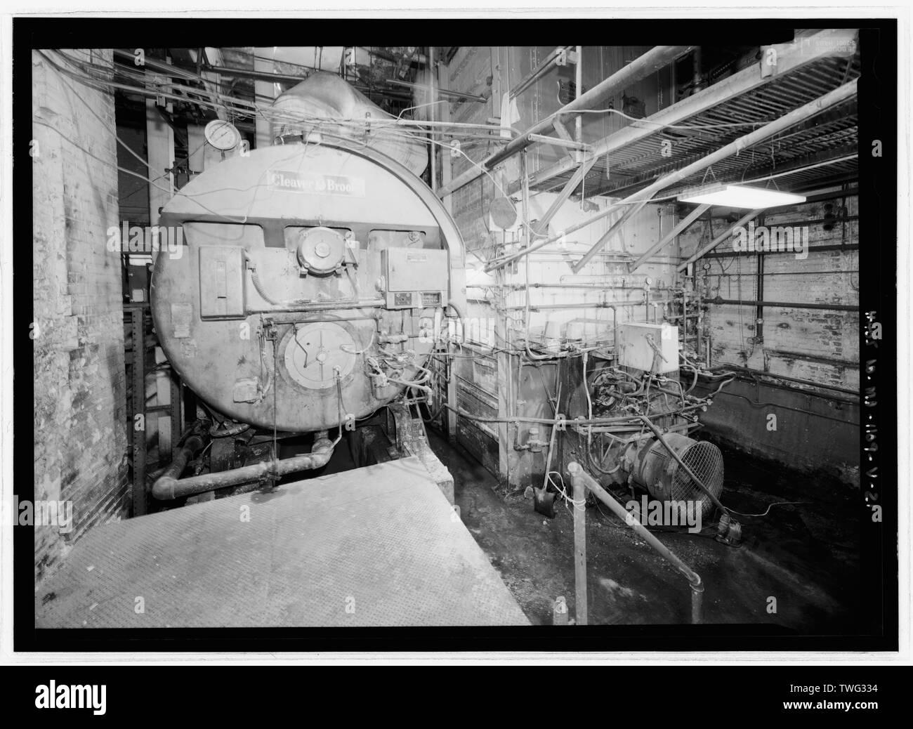 Power Plant, interior view, ground floor southeast room, view looking from the southwest of boiler (Union Iron Works, Erie, PA) - National Park Seminary, Service Buildings, Between Linden Lane and Beach Drive, Silver Spring, Montgomery County, MD; Cassedy, John Irving, A; Price, Virginia B, transmitter; Ott, Cynthia, historian; Boucher, Jack E, photographer; Price, Virginia B, transmitter; Lavoie, Catherine C, project manager Stock Photo