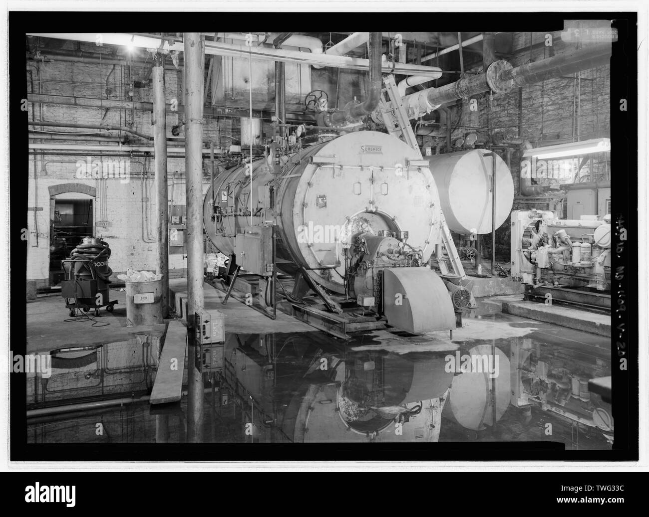 Power Plant, interior view, ground floor northwest room, detail view of boiler - National Park Seminary, Service Buildings, Between Linden Lane and Beach Drive, Silver Spring, Montgomery County, MD; Cassedy, John Irving, A; Price, Virginia B, transmitter; Ott, Cynthia, historian; Boucher, Jack E, photographer; Price, Virginia B, transmitter; Lavoie, Catherine C, project manager Stock Photo