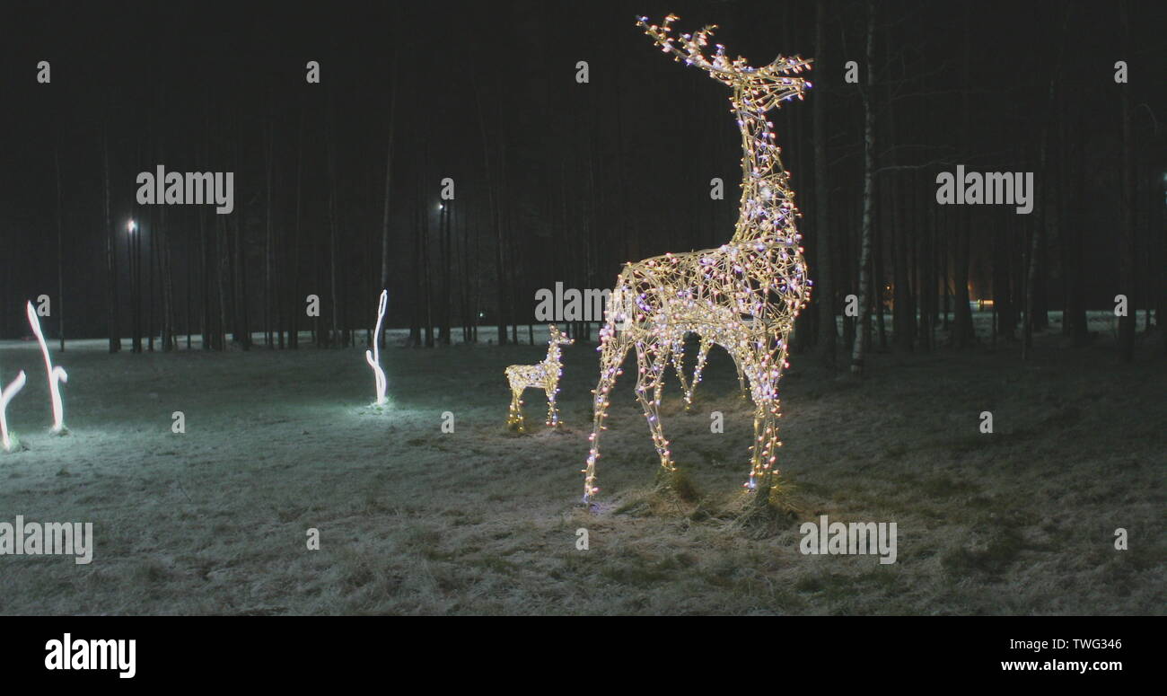 Christmas illumination of the deer family in the evening Stock Photo