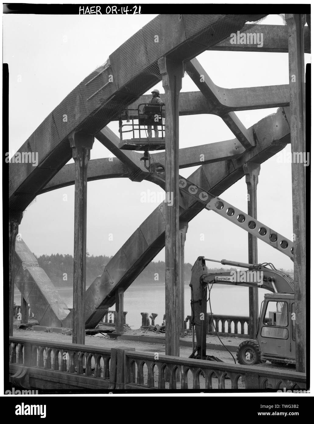 Preparing a tied arch for demolition, looking southwest - Alsea Bay Bridge, Spanning Alsea Bay at Oregon Coast Highway, Waldport, Lincoln County, OR Stock Photo