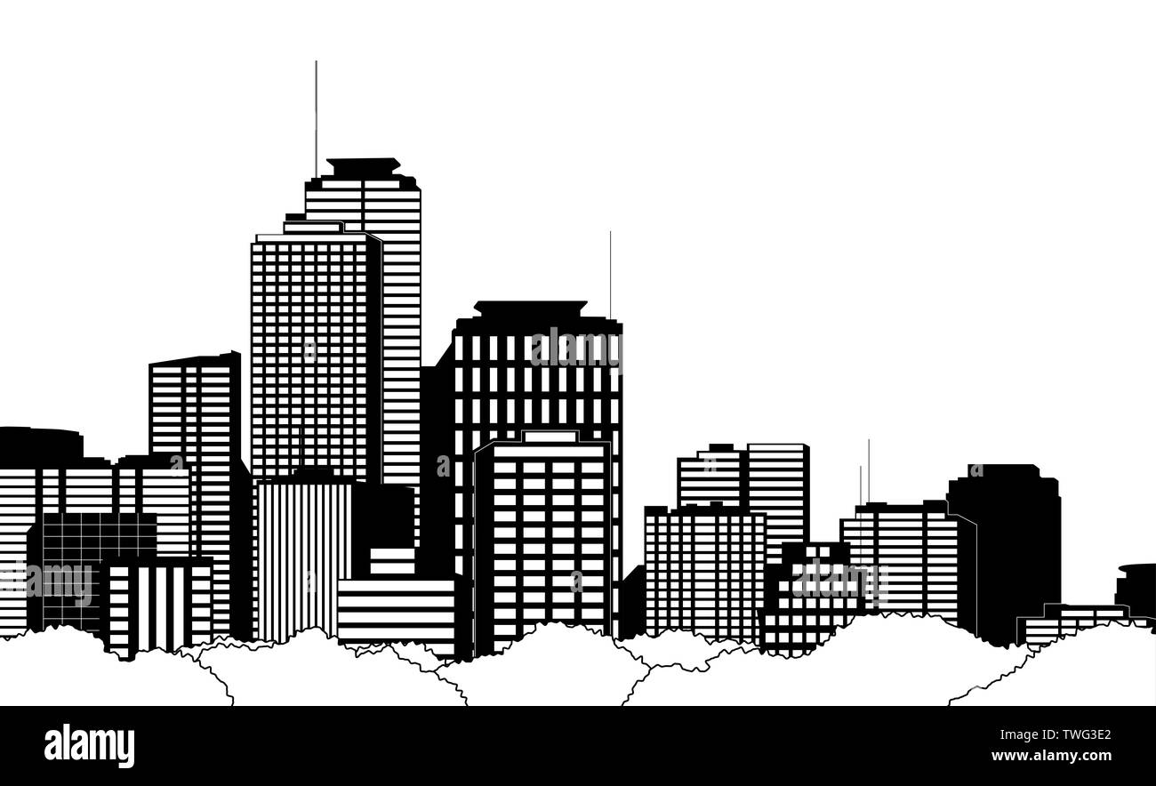 Cityscape illustration, skyscrapers and high-rise buildings above the city skyline Stock Photo