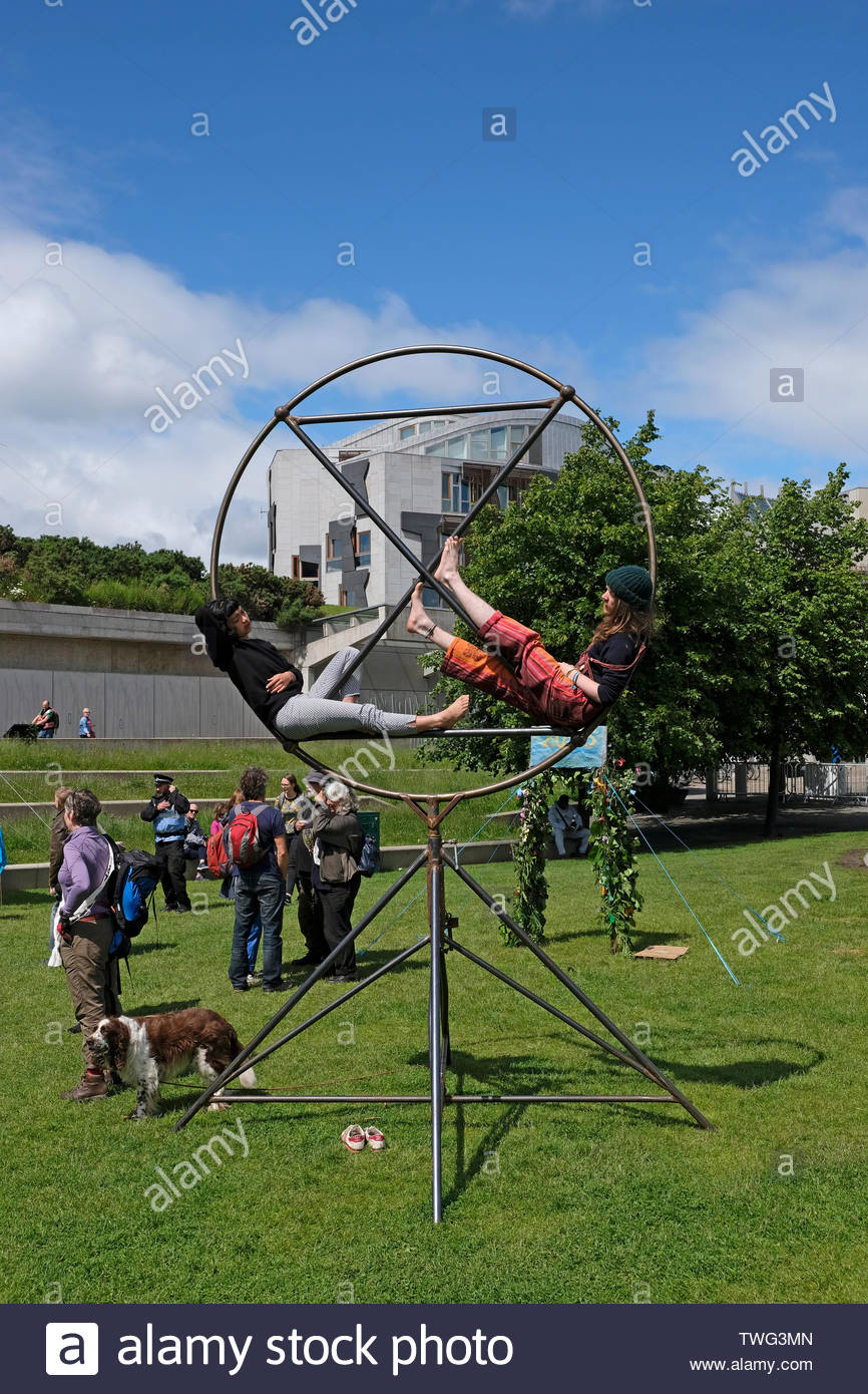 Edinburgh, United Kingdom. 20th June, 2019. Holyrood Rebel Camp, Hosted by Extinction Rebellion Scotland in the grounds of Holyrood Park outside the Scottish parliament from Sunday 16th to Thursday 20th June, this is to highlight the carbon reduction cause and to keep the pressure on politicians, who will debate the Climate Bill on the 18th and 25th June.  Credit: Craig Brown Stock Photo