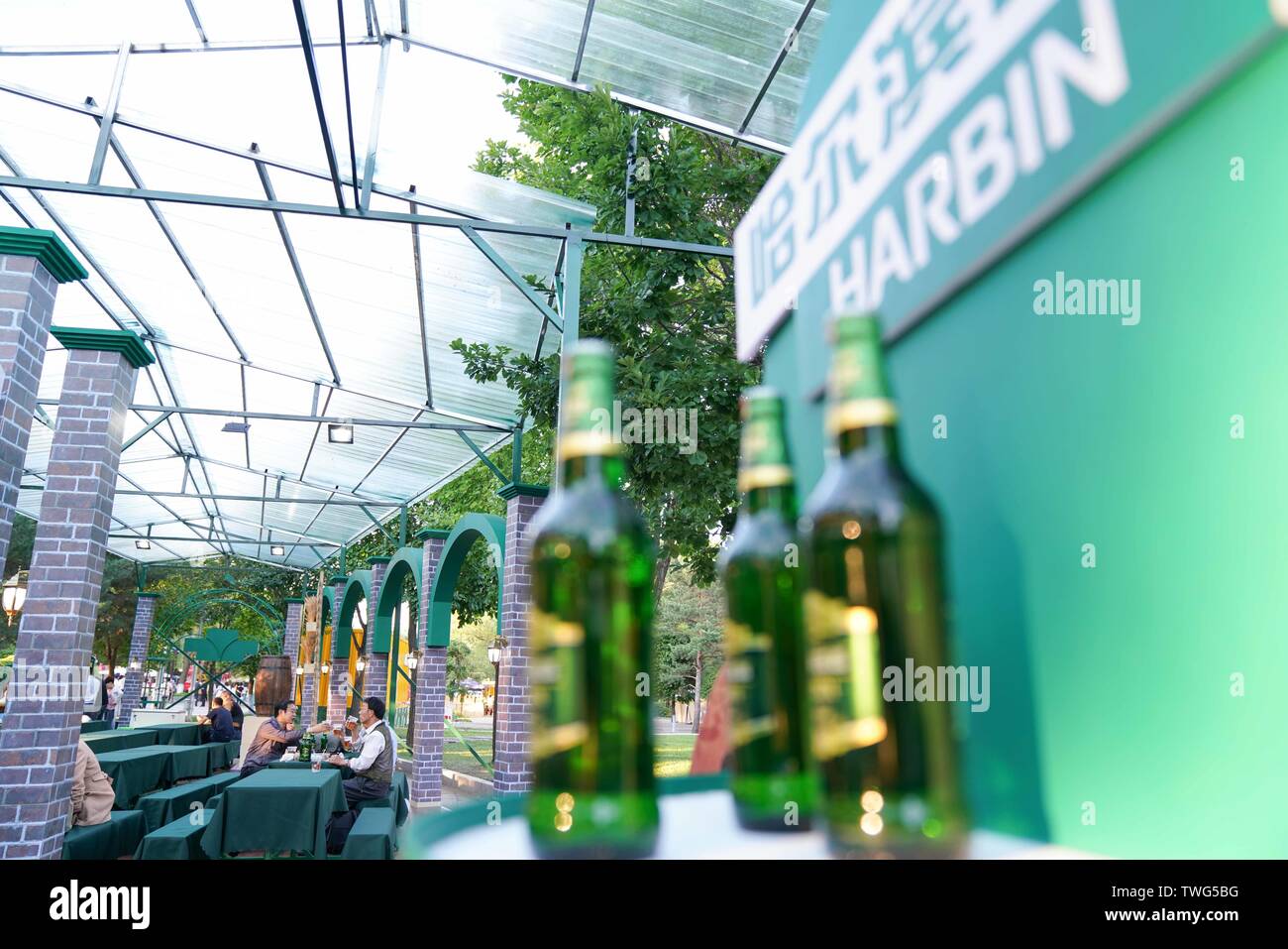 Harbin, China's Heilongjiang Province. 20th June, 2019. Beers are displayed during the beer festival in Harbin, capital of northeast China's Heilongjiang Province, June 20, 2019. The 18th Harbin International Beer Festival opened here on Thursday, and will last until August. Credit: Wang Song/Xinhua/Alamy Live News Stock Photo