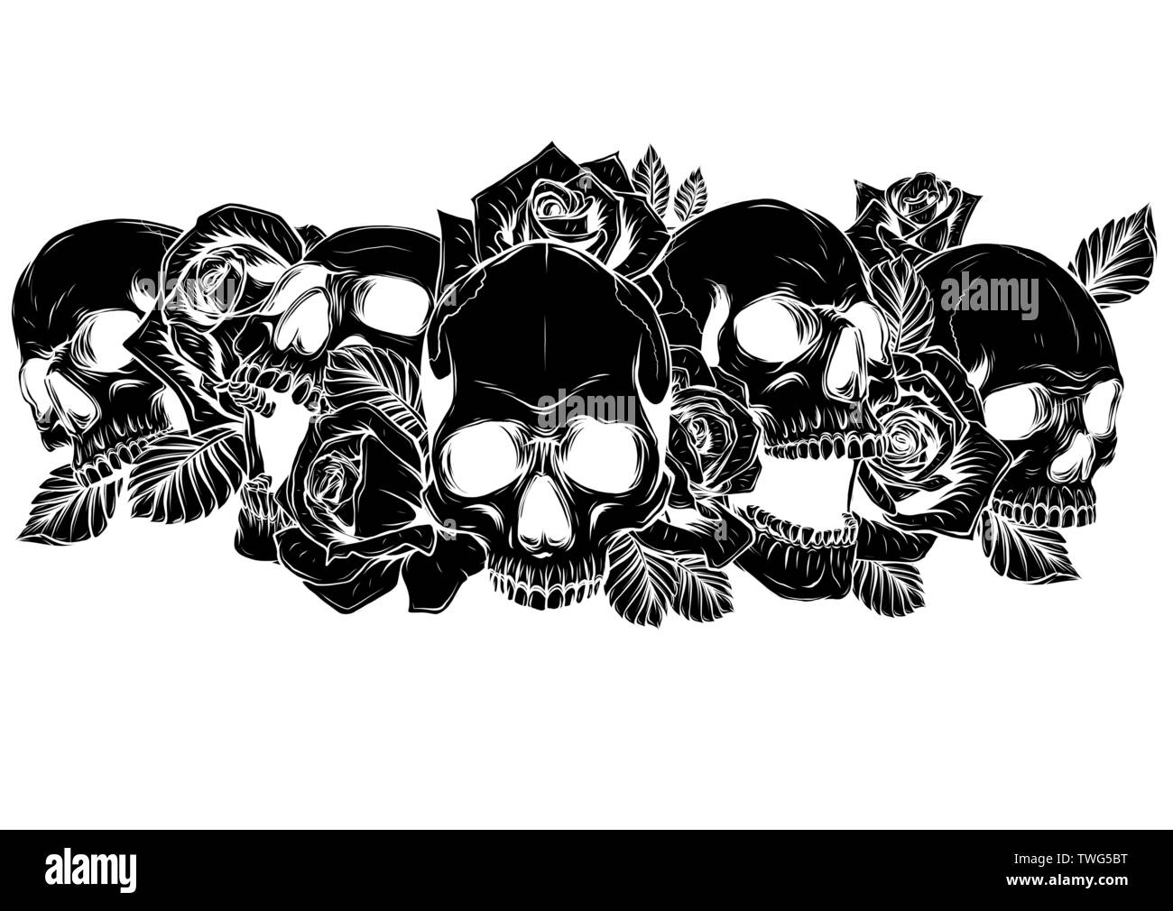 Skull and roses flowers hand drawn illustration. Tattoo vintage print. Skull and red roses. Stock Vector