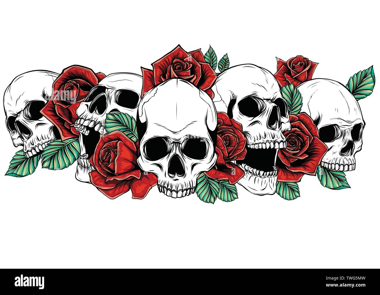 Skull and roses flowers hand drawn illustration. Tattoo vintage print. Skull and red roses. Stock Vector