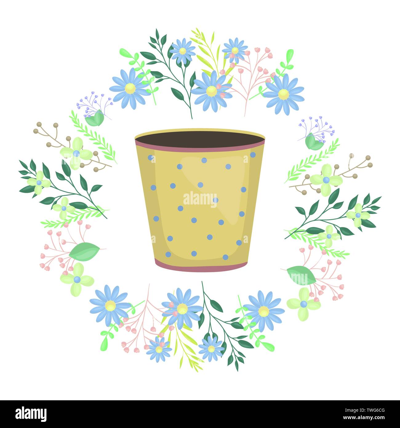 ceramic garden pot dotted with flowers wreath vector illustration ...