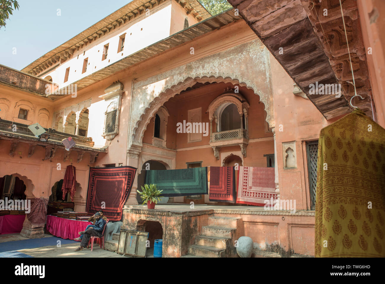 Carpets and fabrics exibition in a courtyard of the Bhopal bazar Stock Photo