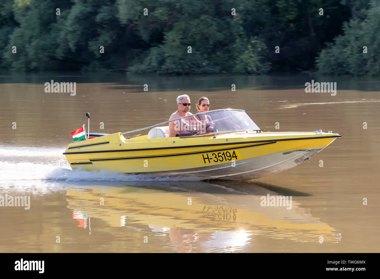 Speed motor boat on The Danube river Stock Photo