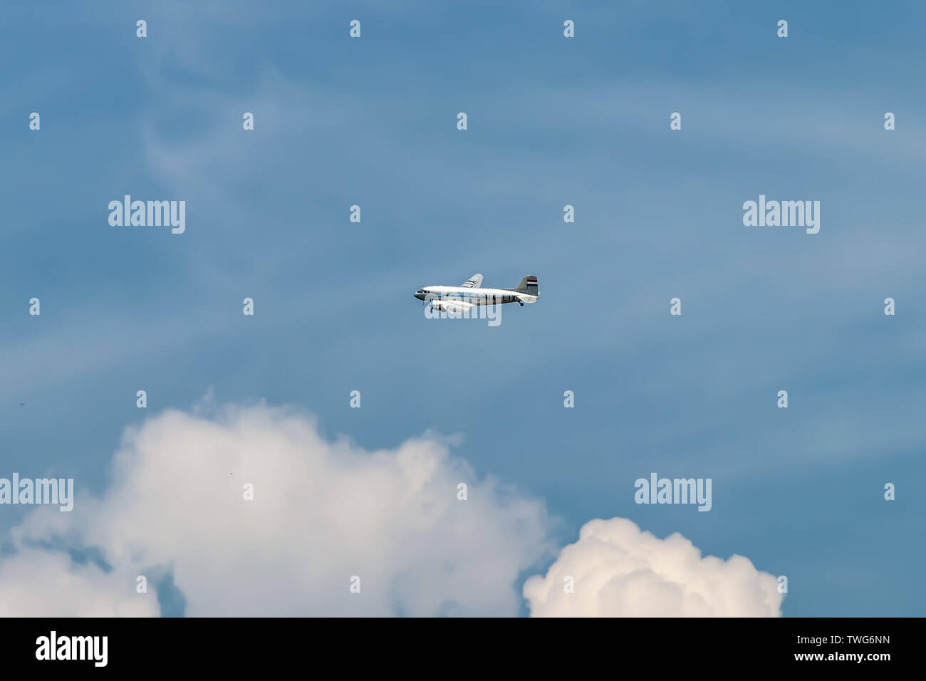 Tourist flight over Danube Bend and the Visegrad Citadel in Lisunov Li-2T plane operated by Goldtimer Foundation Stock Photo