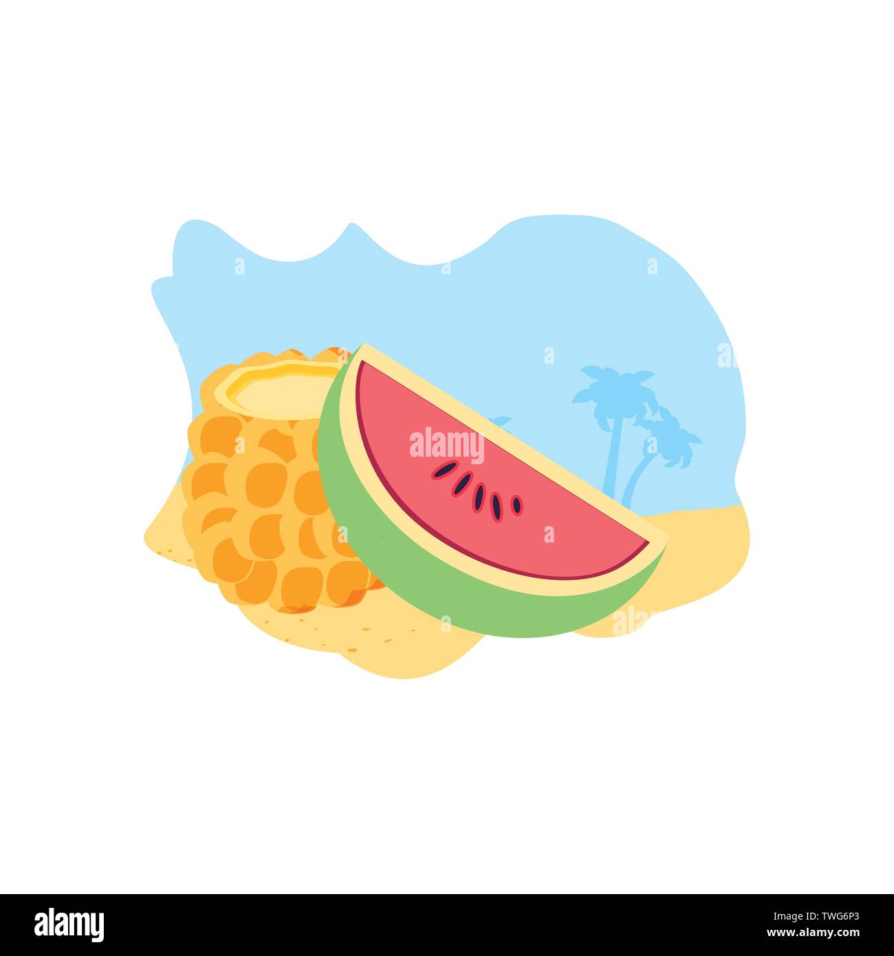 fresh pineapple and watermelon on the beach vector illustration Stock ...